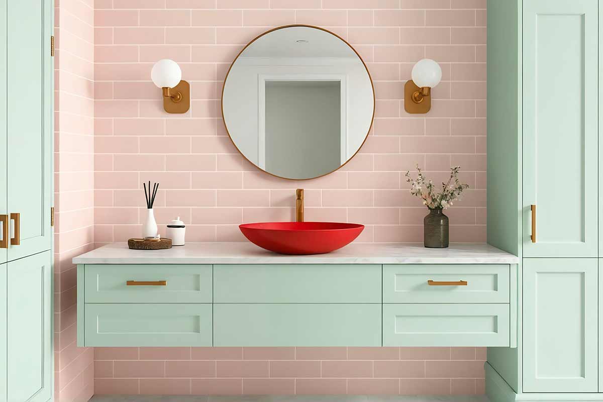 bagno moderno colore verde salvia e rosa cipria