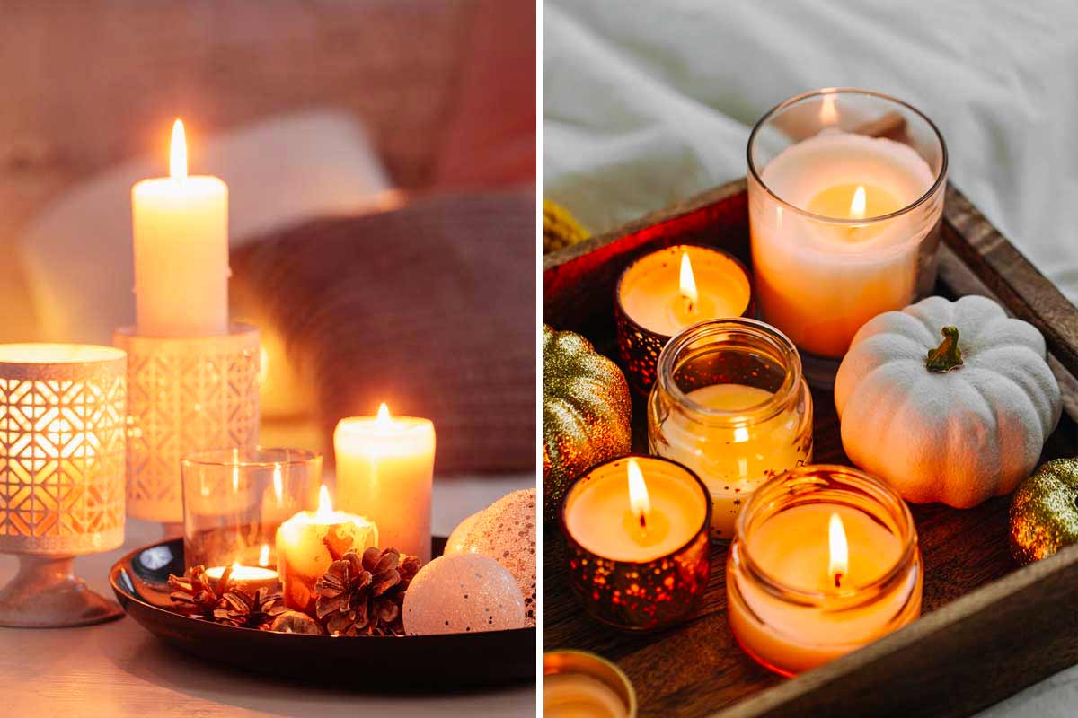 centrotavola d'autunno con candele e vetro