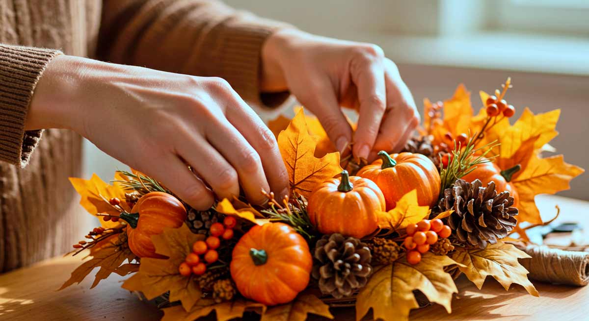 fuoriporta autunnale fai da te con foglie secche, zucche e bacche rosse