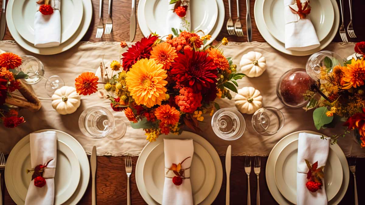 Tavolo apparecchiato in stile autunnale con bel centrotavola di fiori