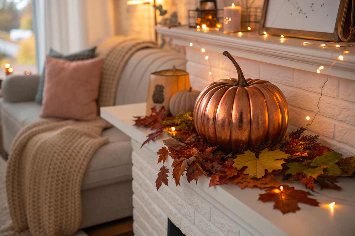 caminetto finto in soggiorno con zucca color rame