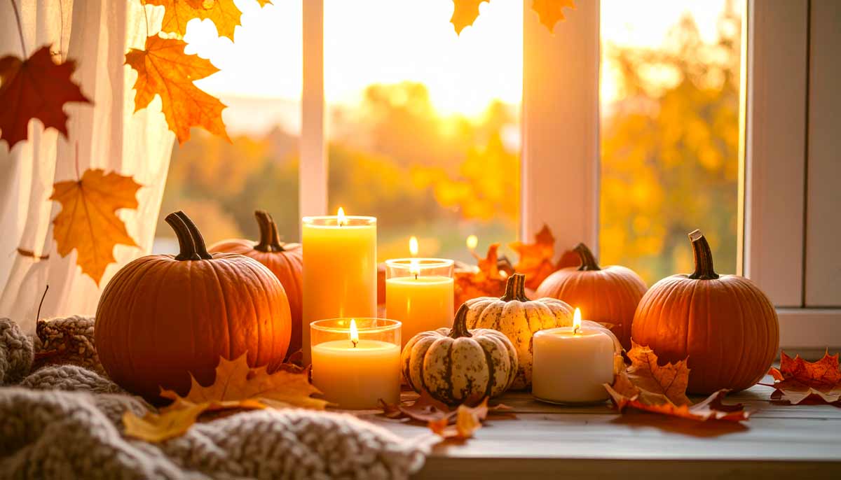 Davanzale decorato per l'autunno con zucche e candele.