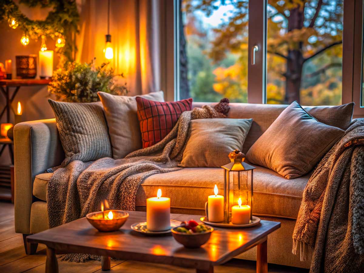 salotto in autunno, divano con plaid e cuscini caldi. Tavolino con candele.