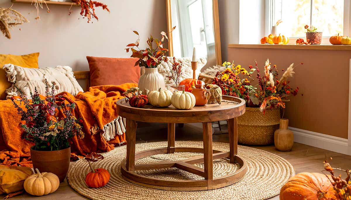 salotto boho chic decorato in autunno