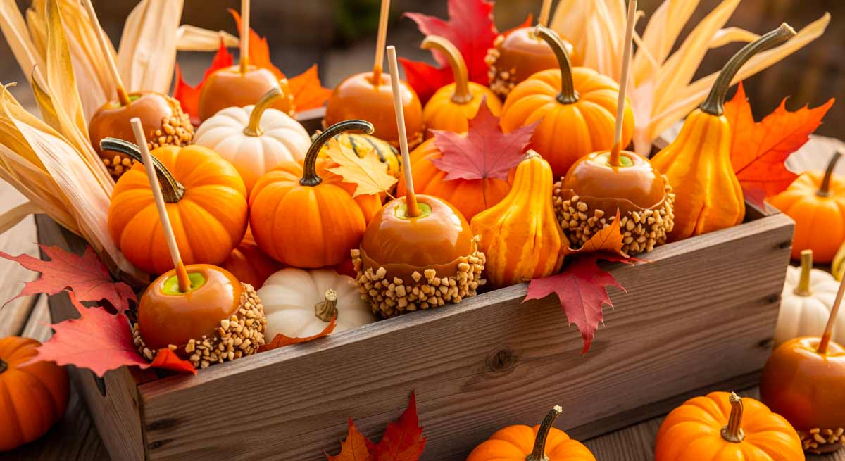 decorazione autunnale con una cassetta di legno con all'interno zucche, ghiande e foglie secche