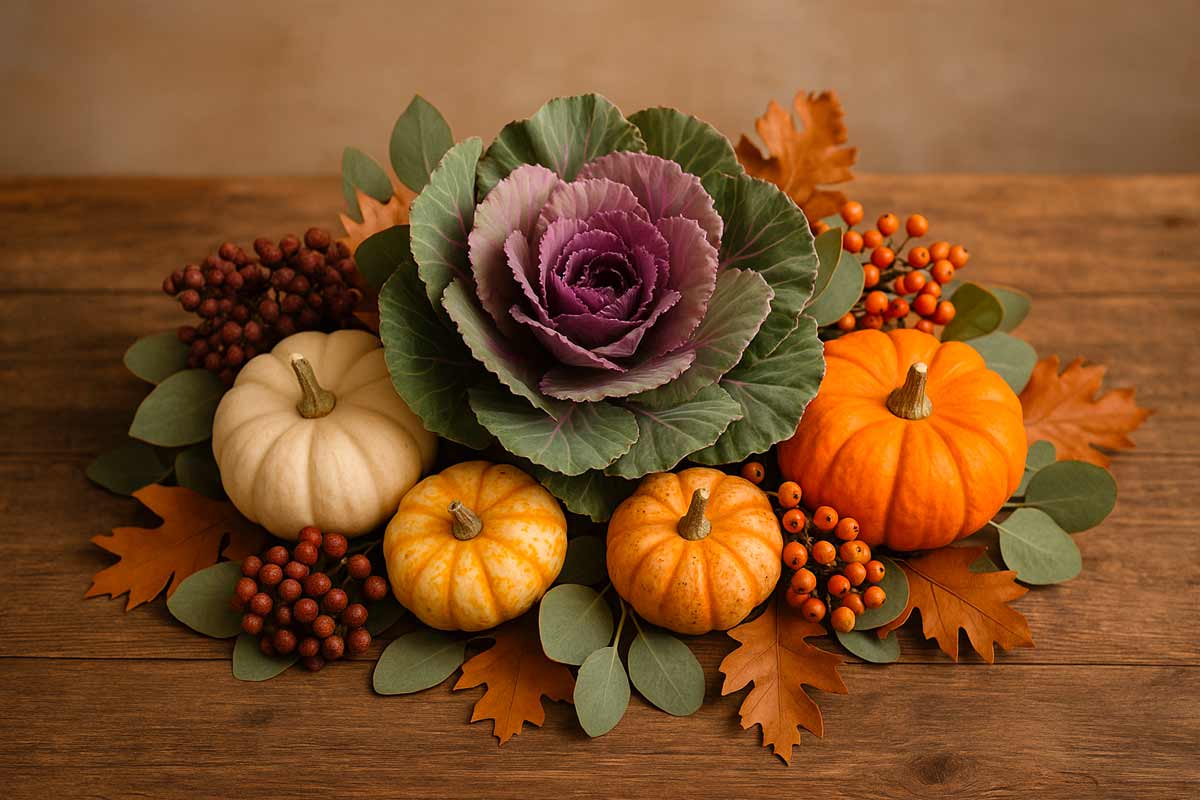 centrotavola d’autunno con il cavolo ornamentale