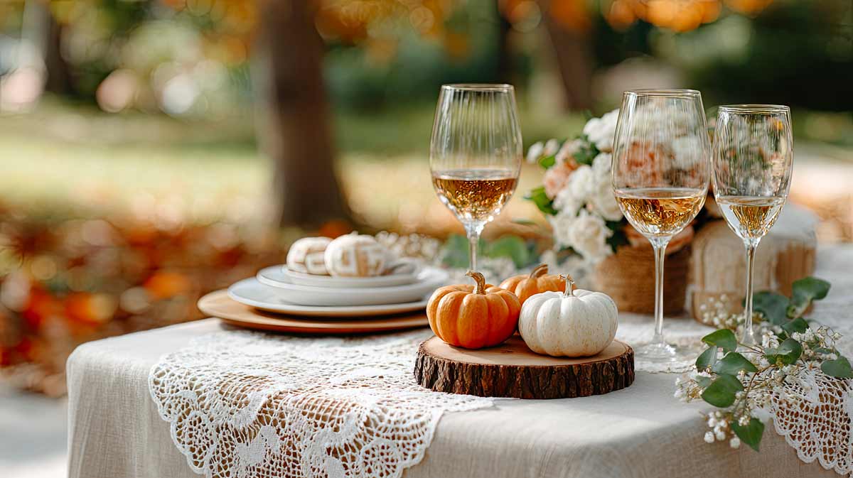 Tavola addobbata per un matrimonio con tronchetti di legno e piccole zucche