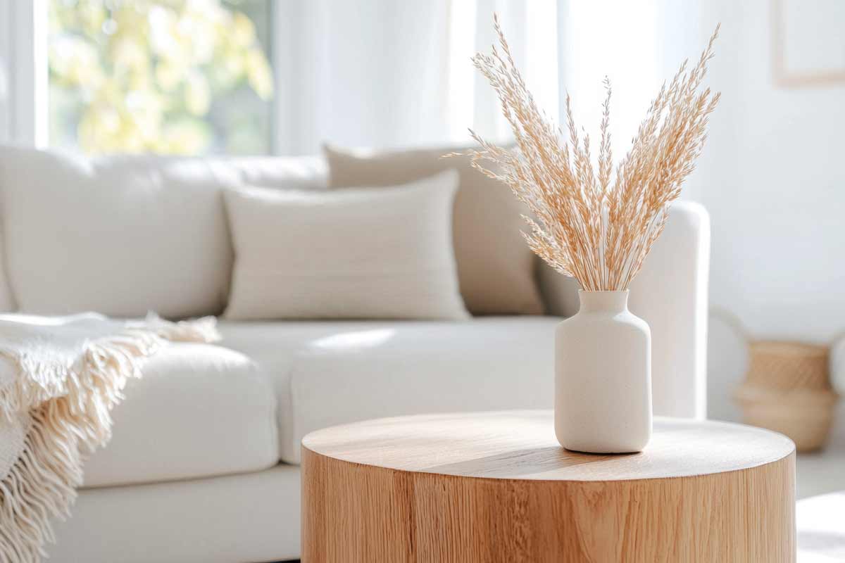 Bianco latte e legno chiaro in soggiorno