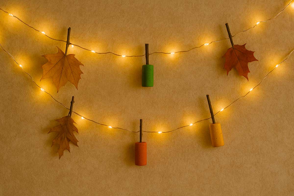 Fili di luci abbinati a foglie, rametti o tappi colorati