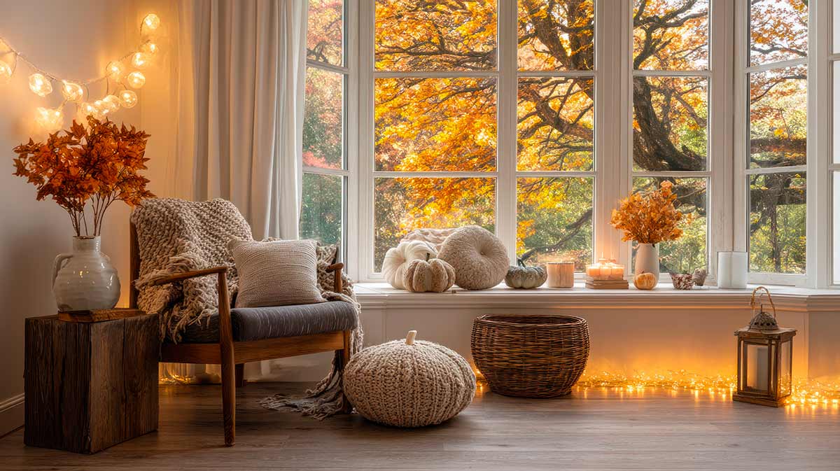 decorazioni autunnali in soggiorno con lucette e lanterne