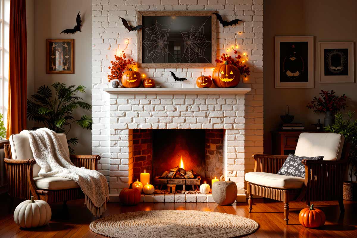 zucche intagliate per decorare il camino in autunno