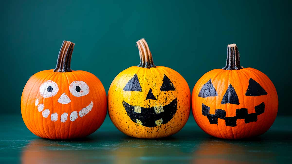Volti spaventosi o buffi dipinti su zucche per Halloween