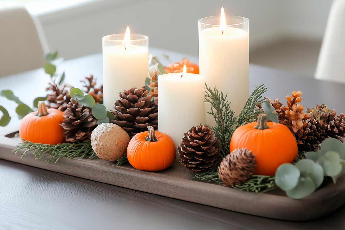 centrotavola autunnale con pigne, zucche e candele