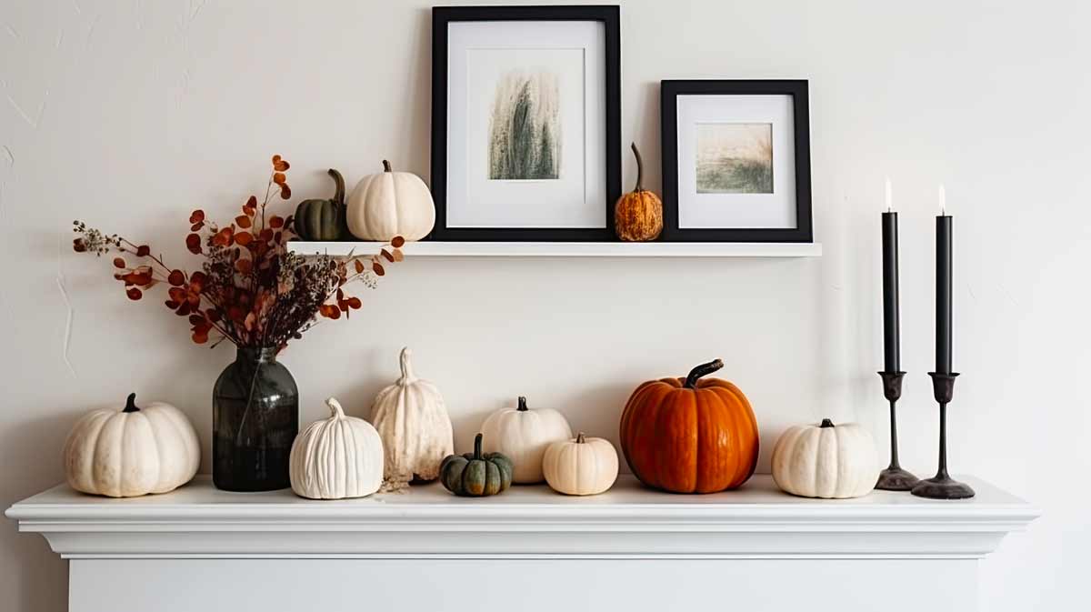 Mensole decorate con zucche arancione e bianche e candele
