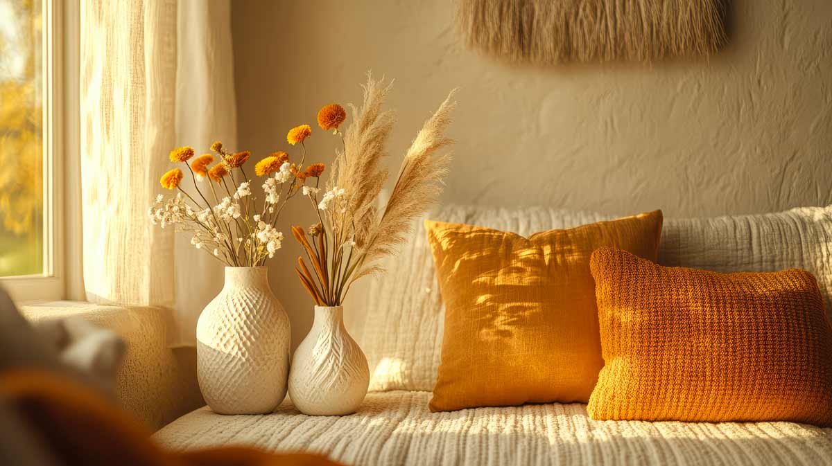 divano con cuscini di lana color zucca