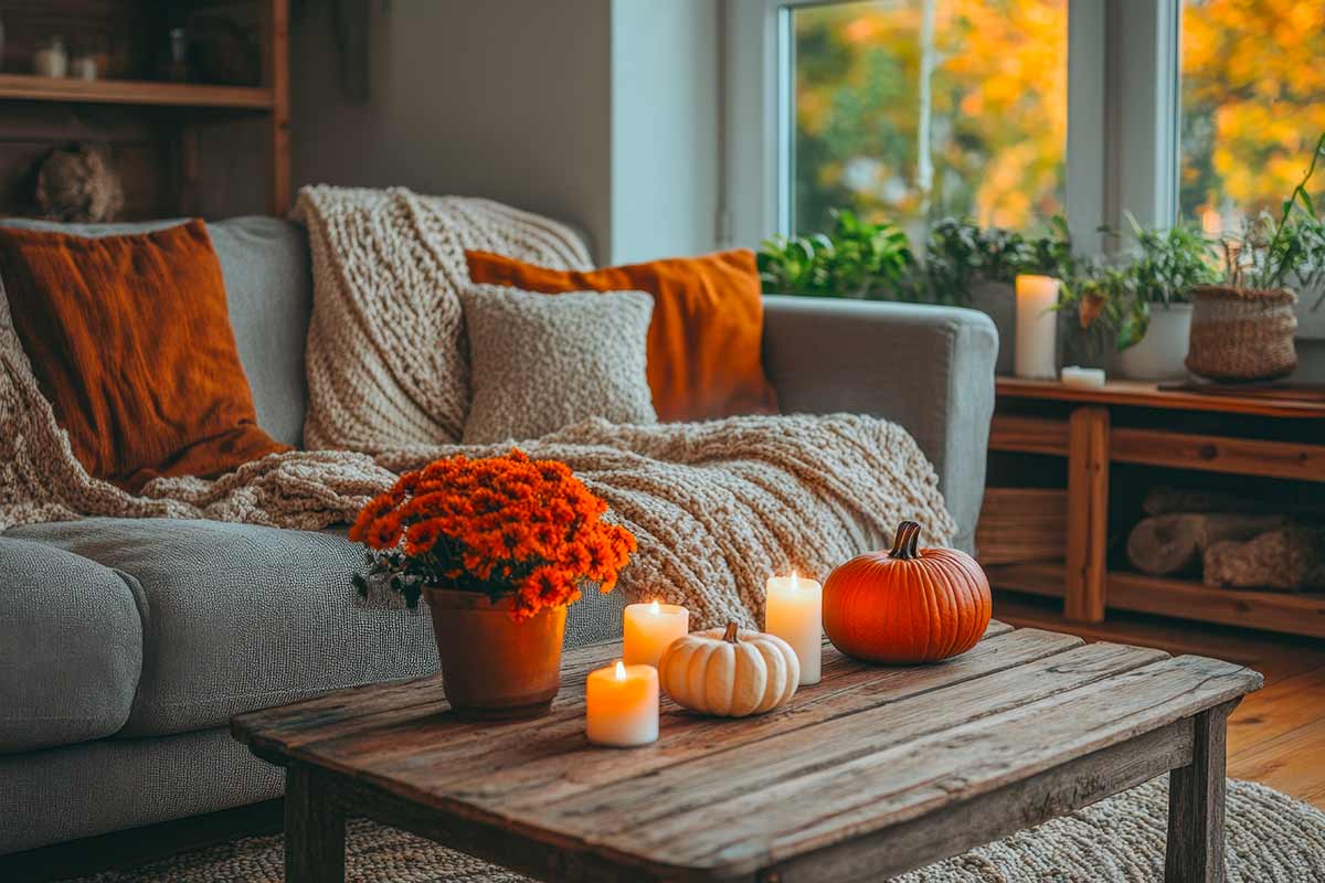 Soggiorno decorato per l'autunno