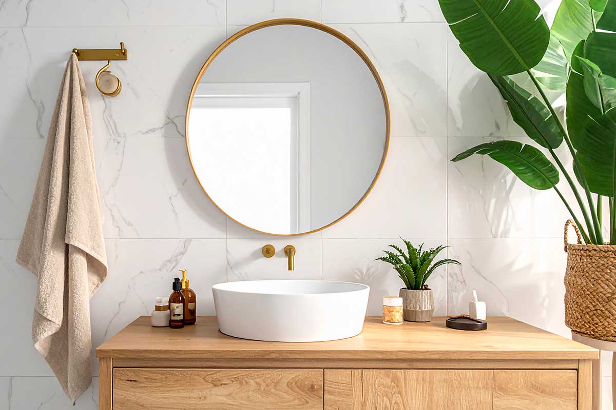 piccolo bagno con mobile in rovere e specchio tondo. Pianta verde in vaso vicino.