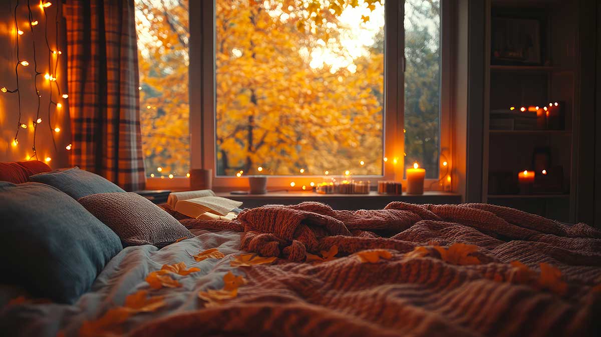 Camera da letto dall'atmosfera calda in autunno