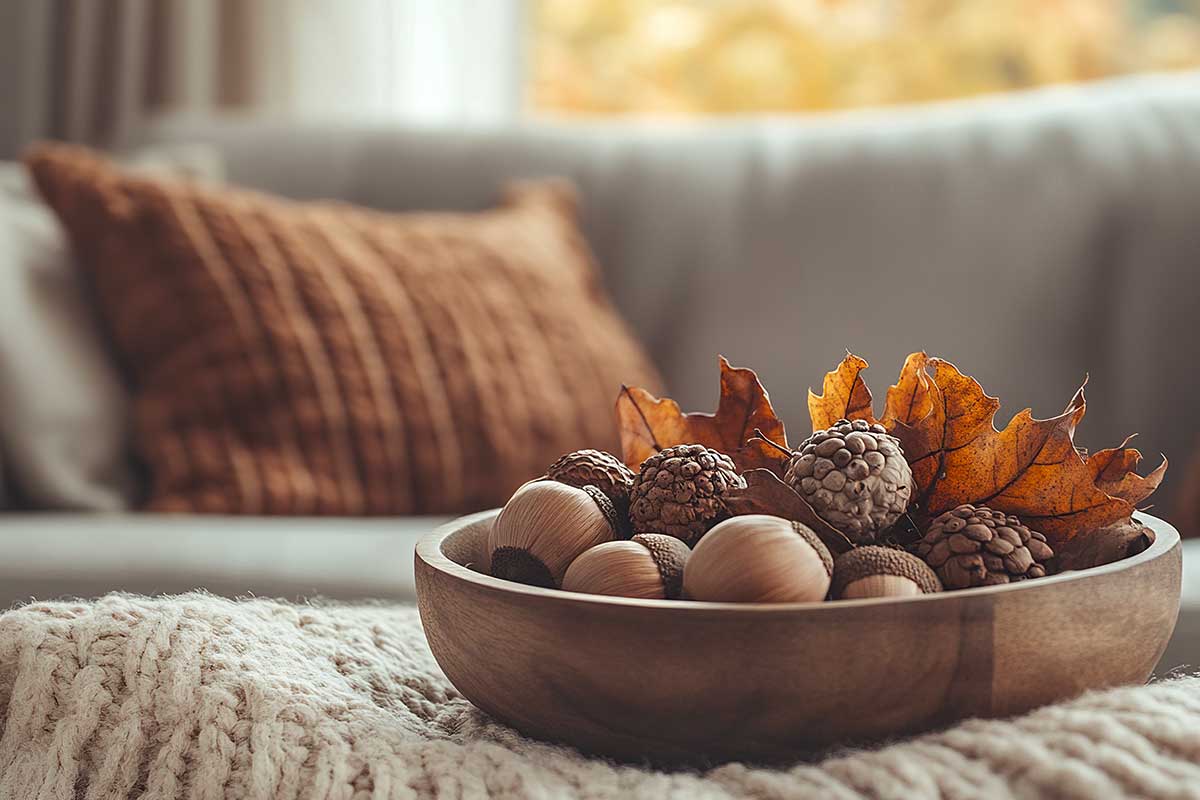 Castagne, noci, ghiande in ciotola bassa