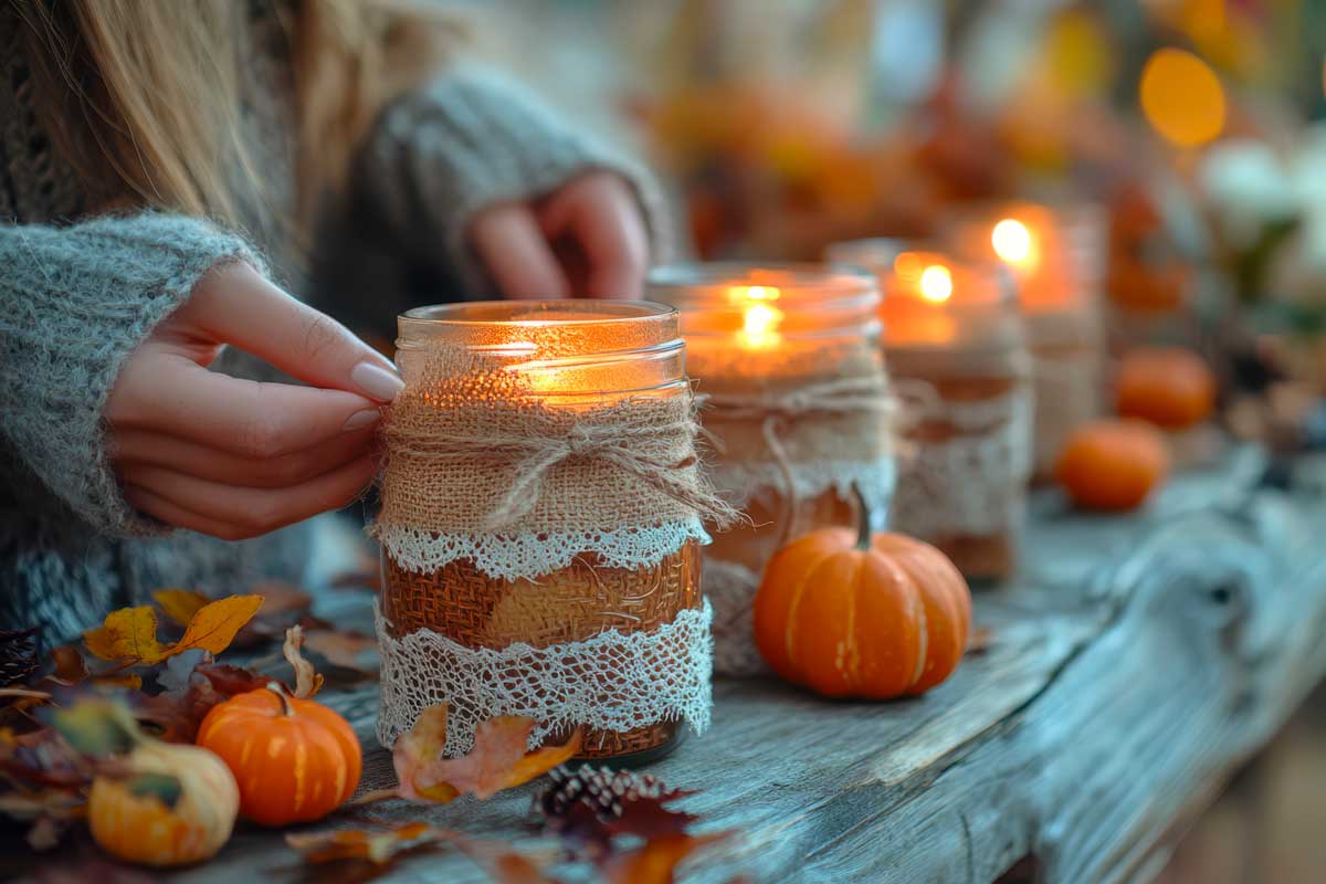 centrotavola con barattolo di vetro decorato con pizzo