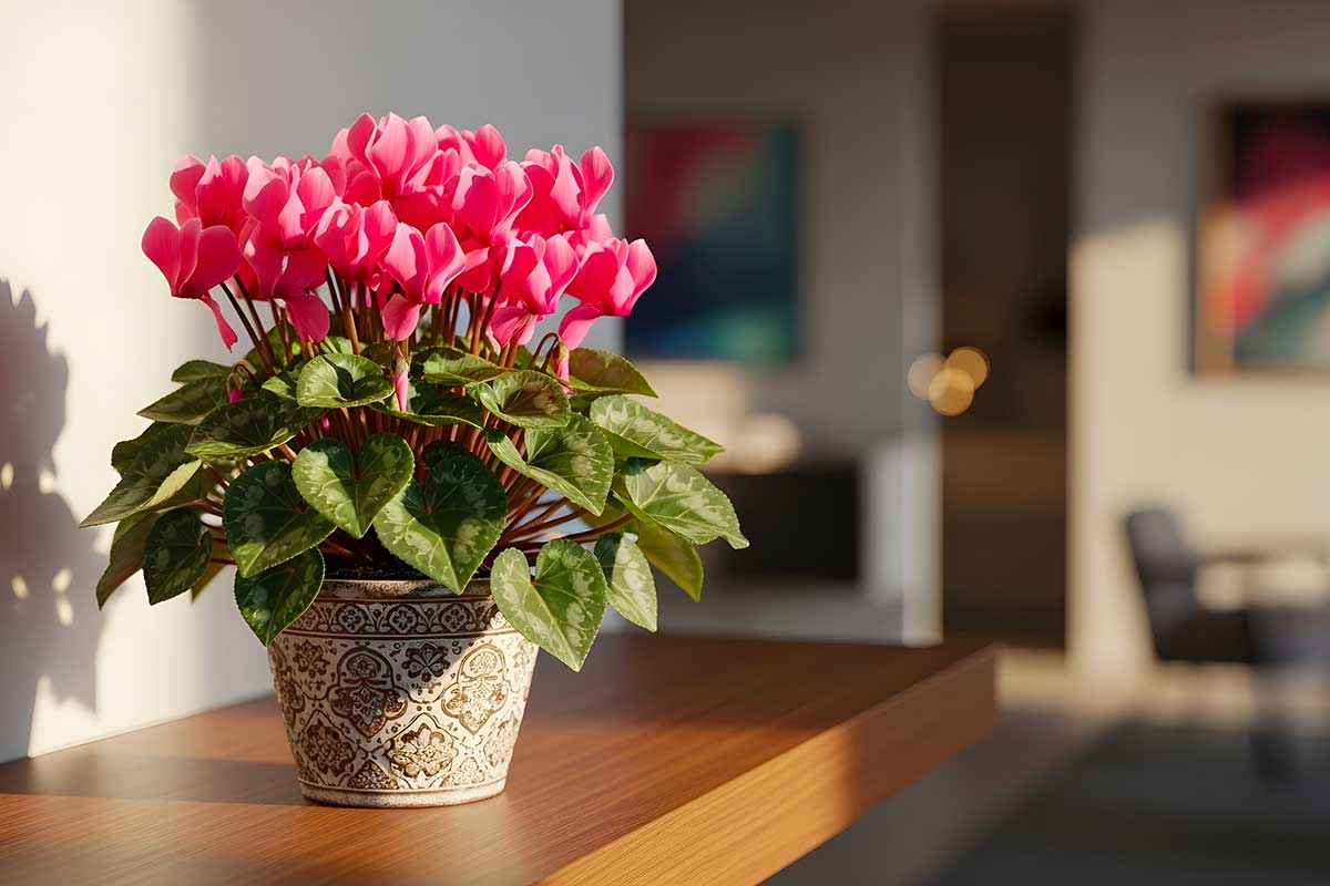 Ciclamini in vaso posizionato sopra una mensola di legno in casa