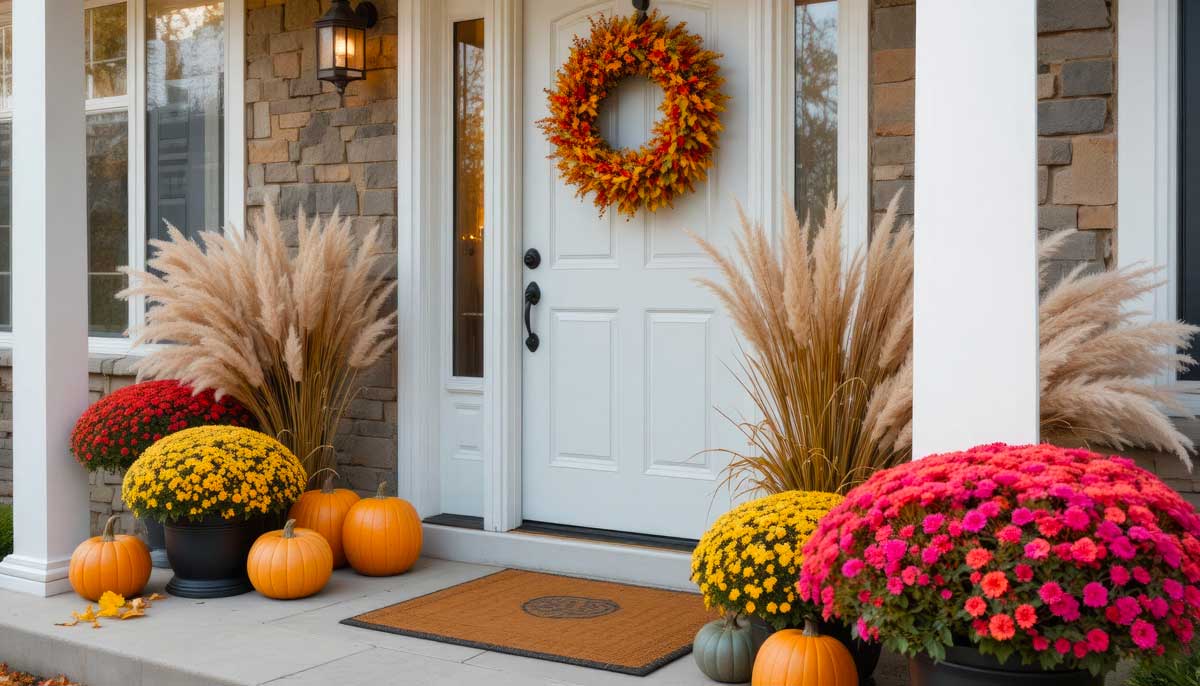 Portico autunnale decorato con crisantemi in vaso gialli e rossi e zucche.