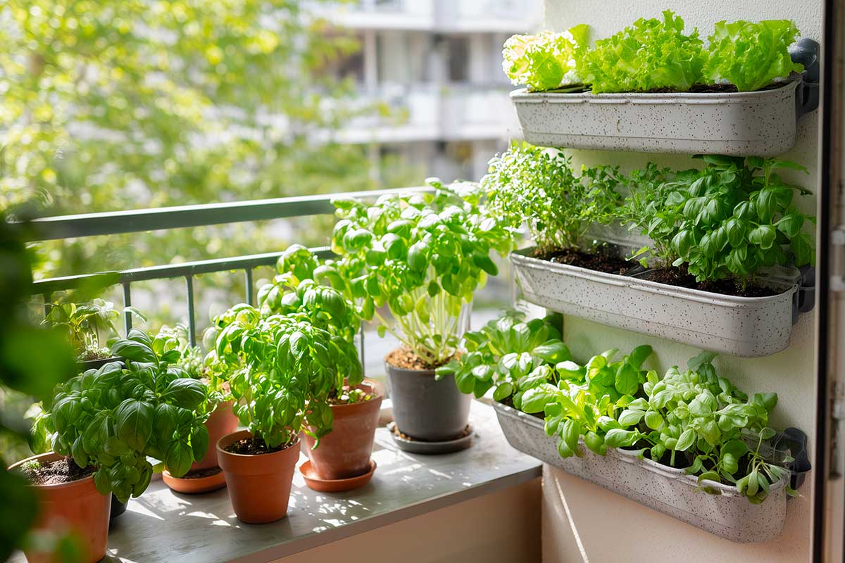 vasi di erbe aromatiche sul balcone