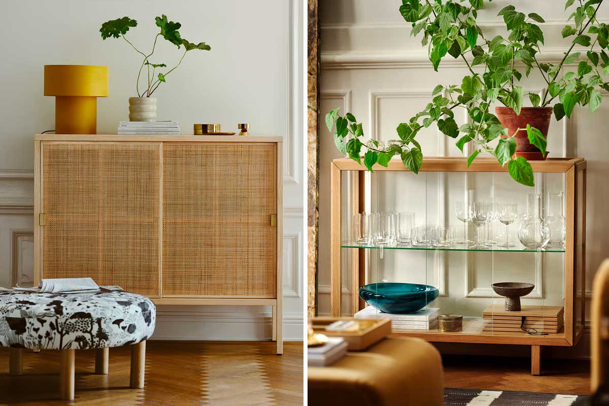 vetrina in rovere e il mobile in rattan Ikea Stockholm 2025