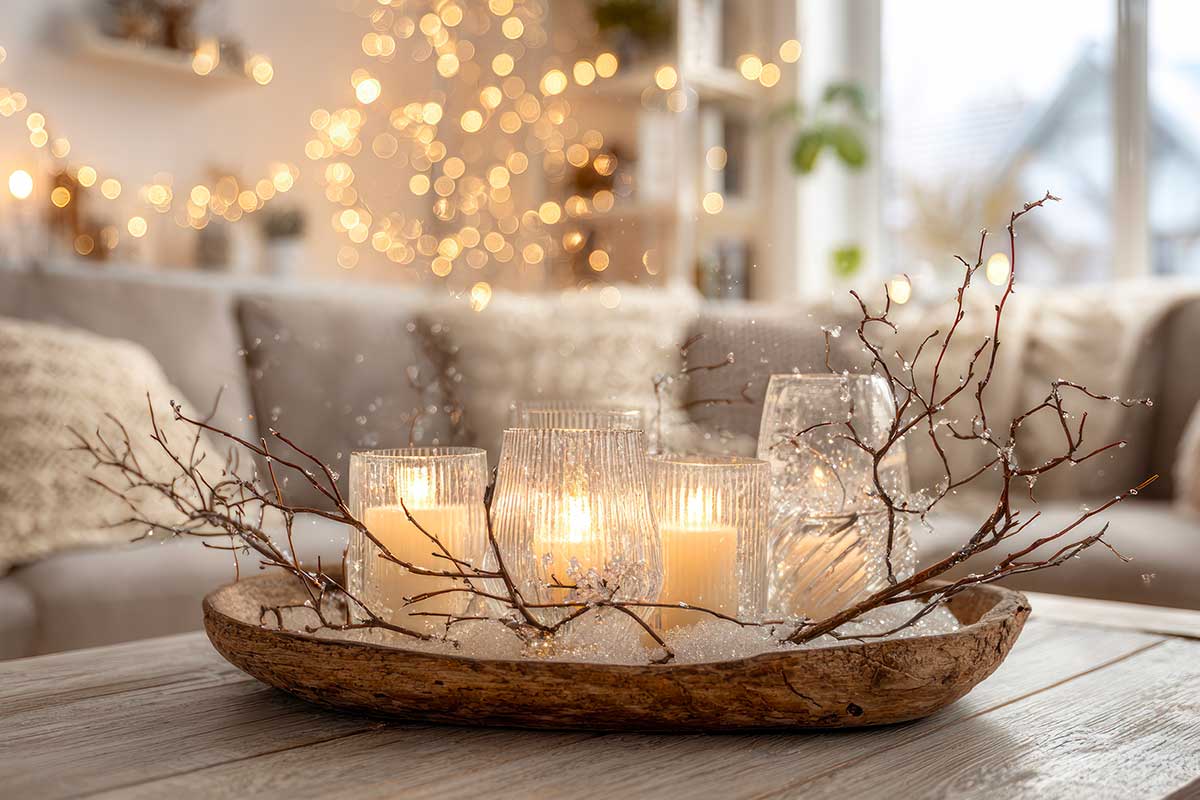 Vassoio su tavolino in salotto con rametti e candele