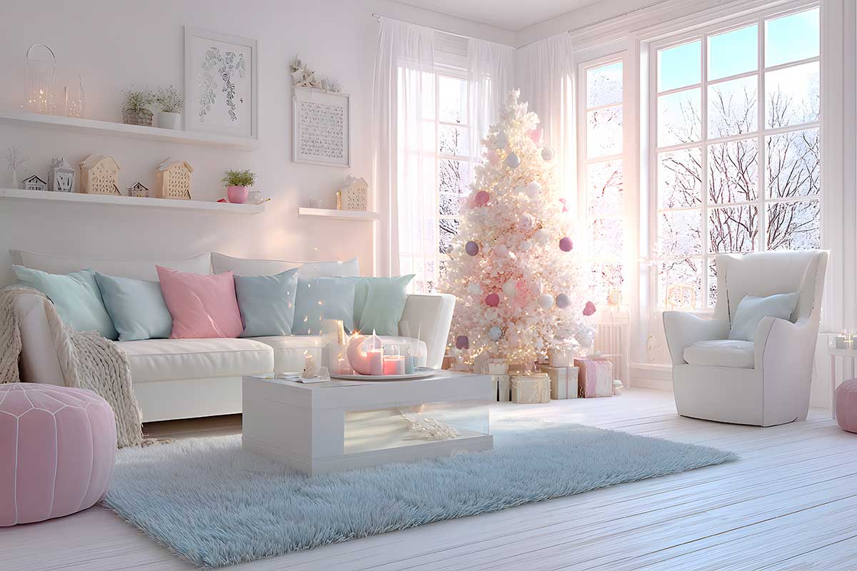 salotto natalizio minimal con toni pastello