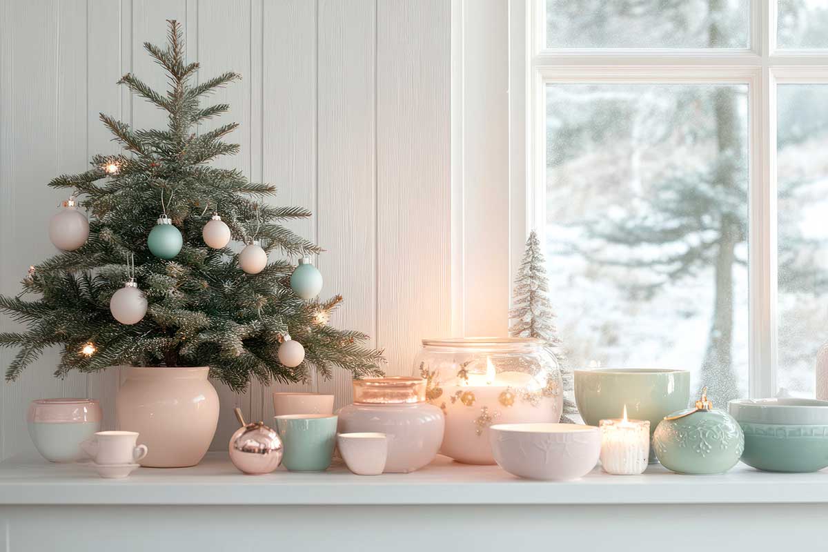 Piccolo albero di Natale con accessori decorativi colori pastello