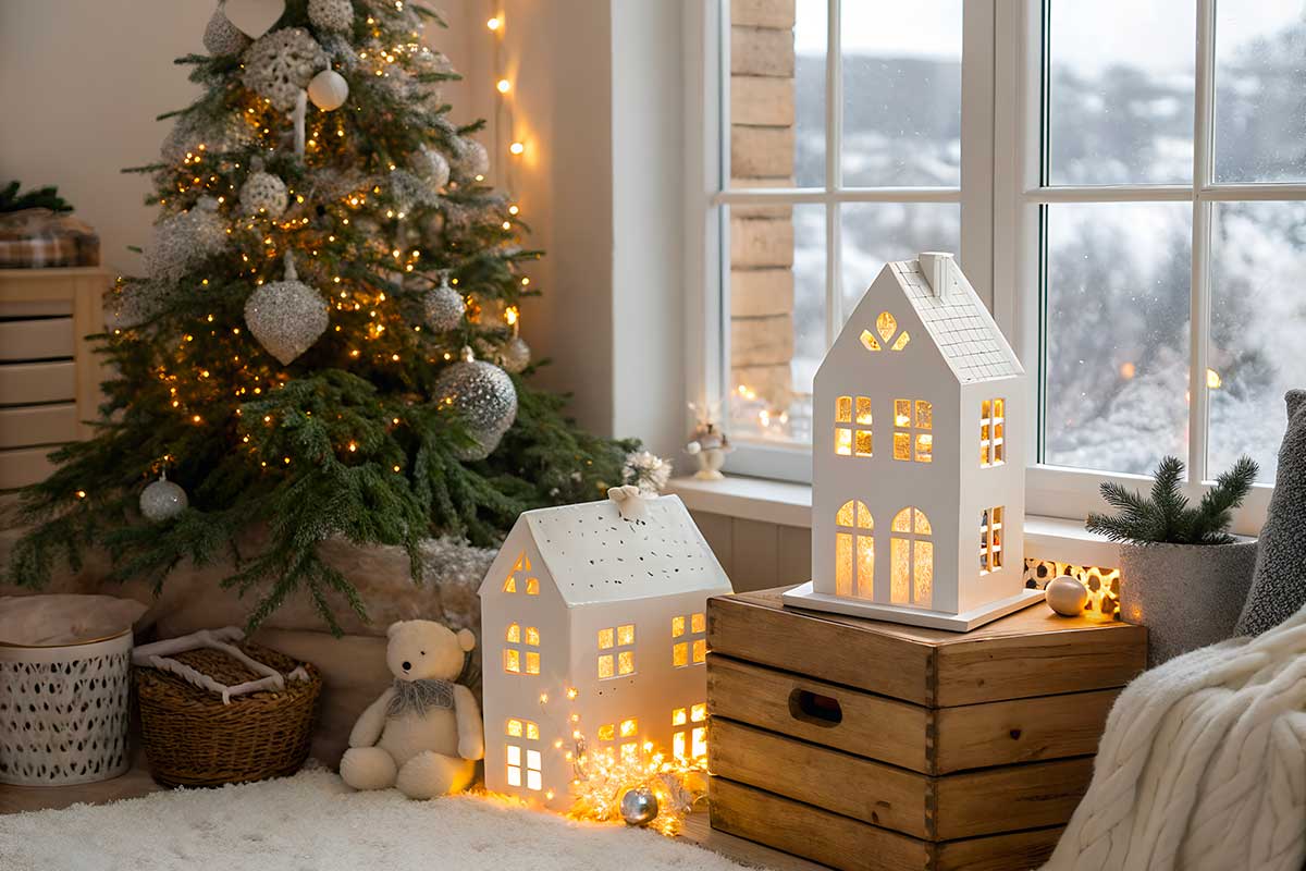 Soggiorno con albero di Natale e cassetta in legno con villaggio illuminato