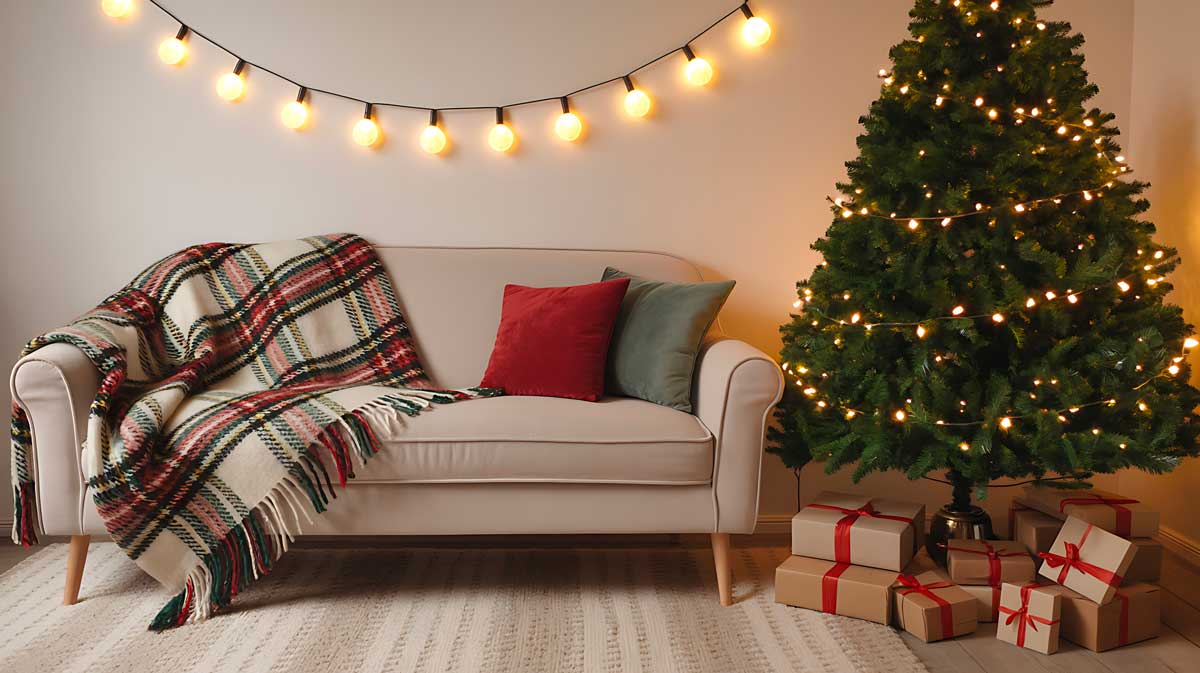 Soggiorno a natale con catena di luce sulla parete