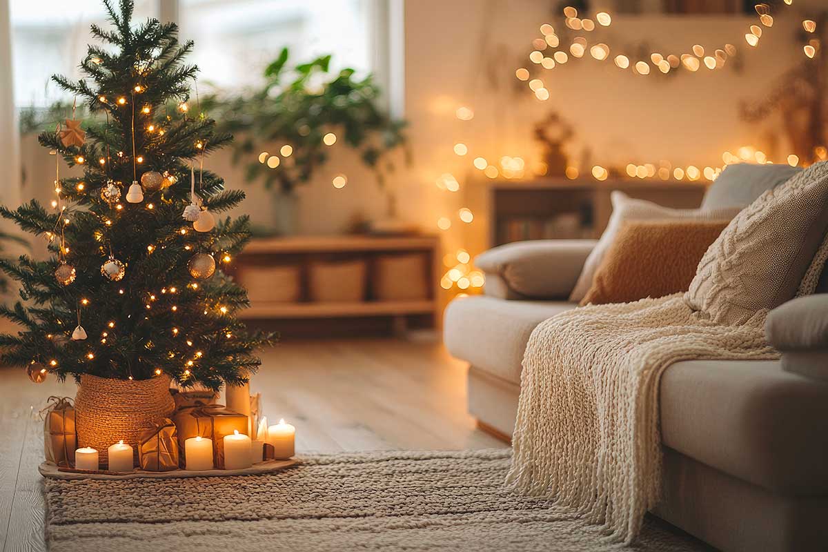 divano in soggiorno con plaid e albero di Natale