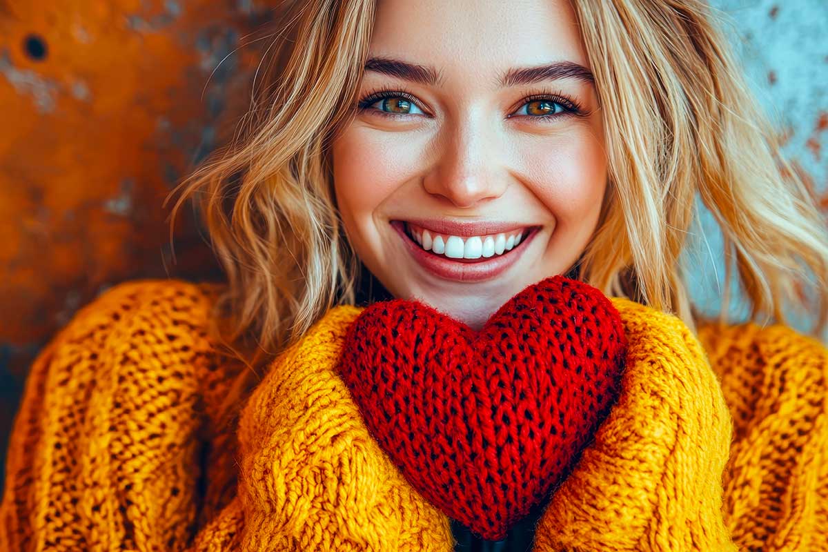 donna con maglione giallo e cuoricino di lana in mano che sembra proteggere