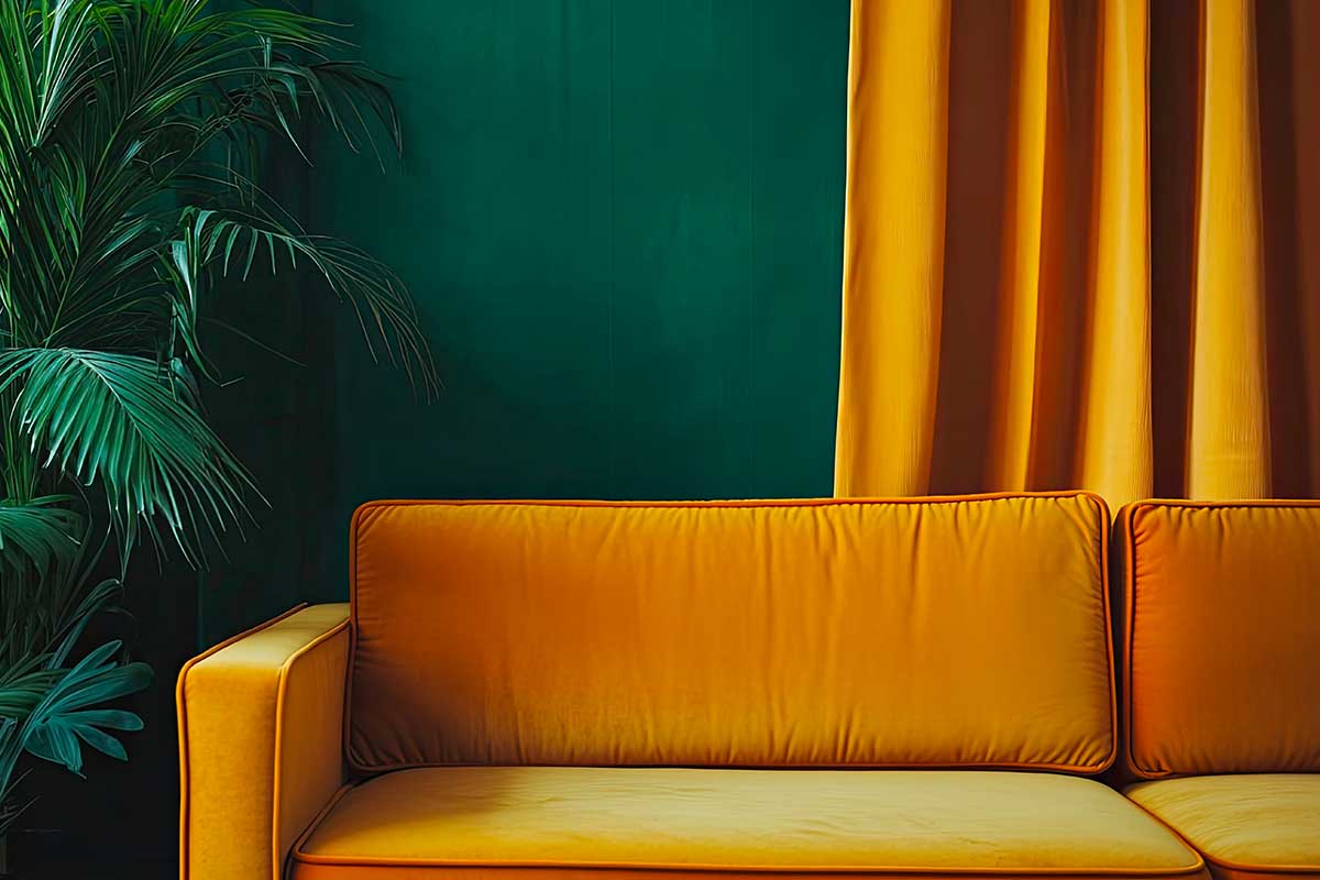 parete verde scuro con divano e tende color senape
