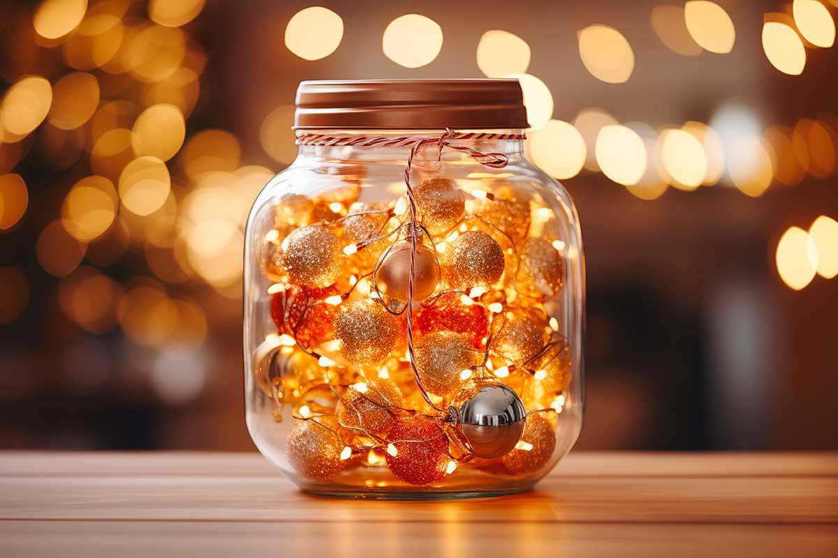 Barattolo con micro-luci e piccole palline dorate