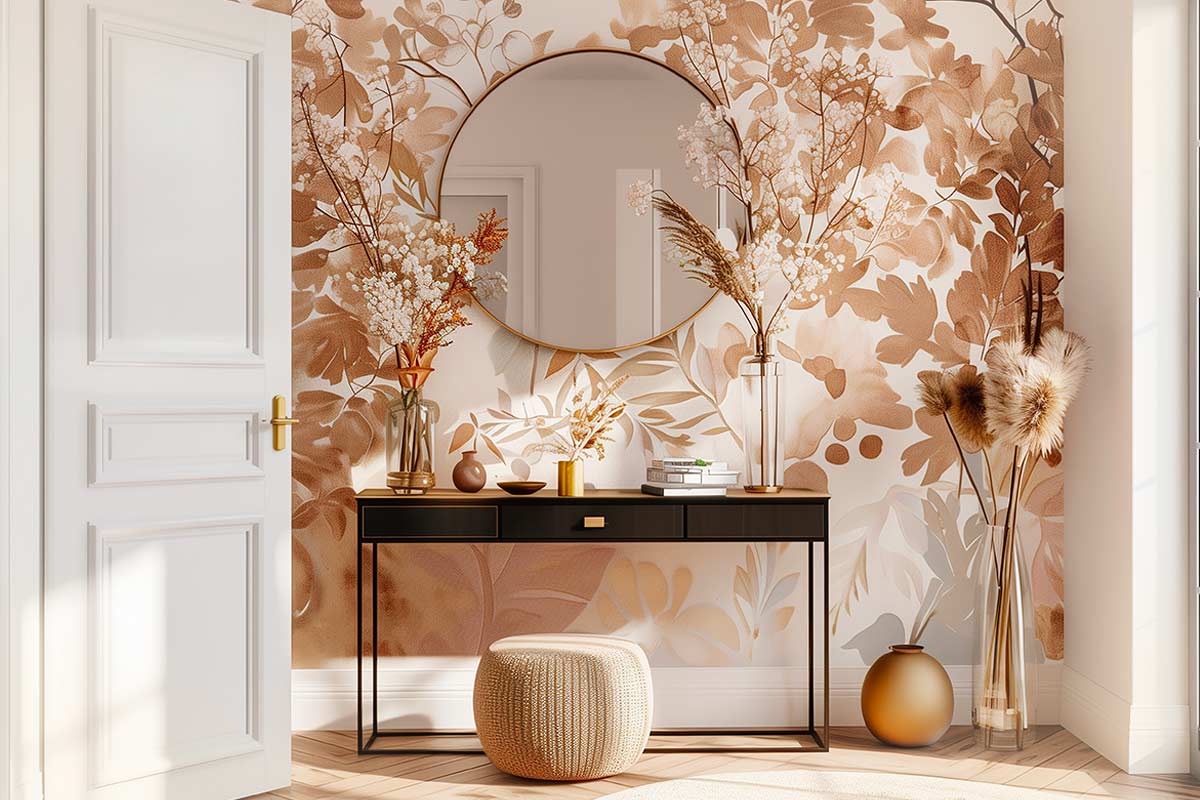 Ingresso elegante con carta da parati floreale nei toni caldi del beige e del rame, console nera minimal, specchio rotondo e vasi con fiori secchi. La luce naturale esalta i dettagli e crea un’atmosfera accogliente e sofisticata.