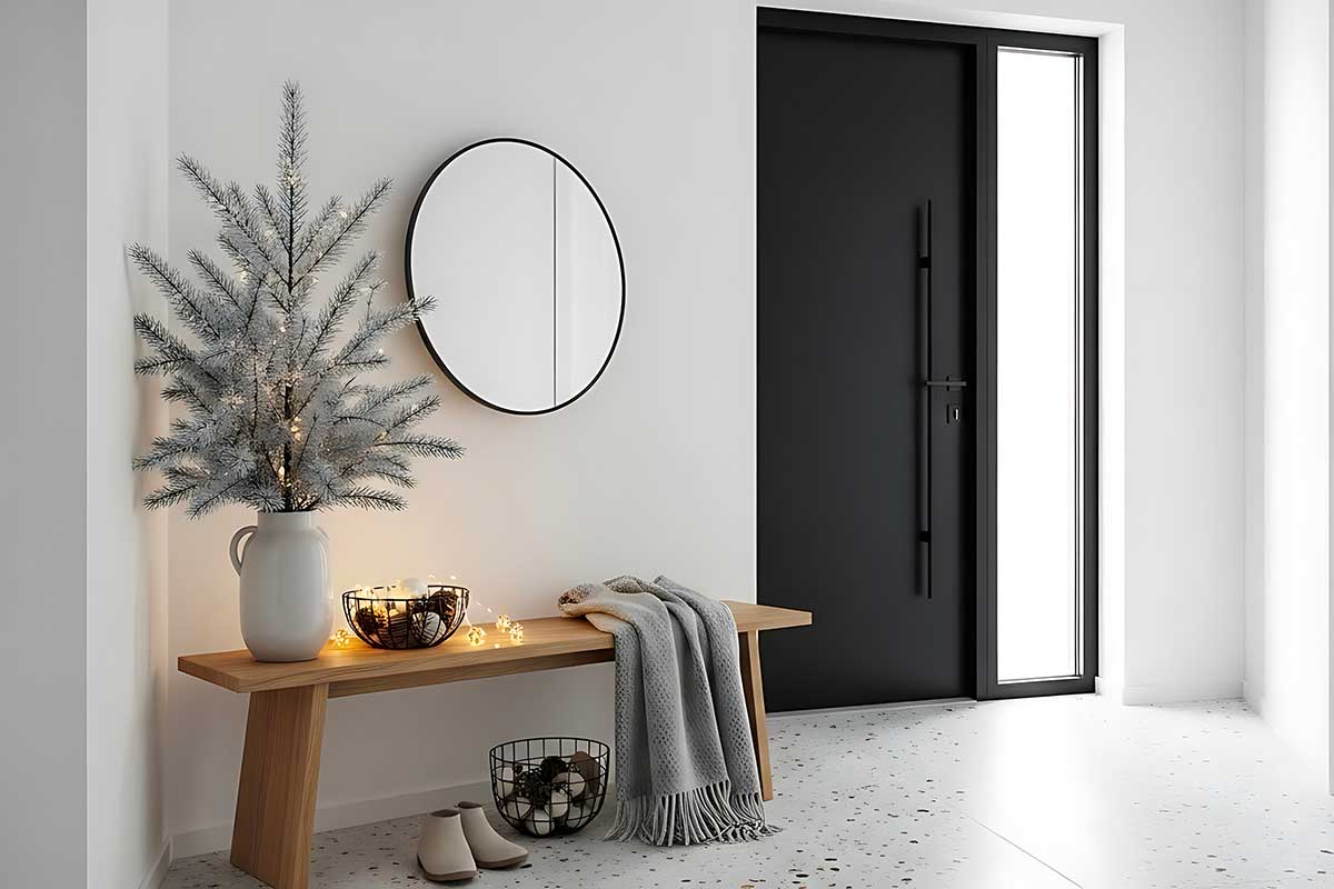 Ingresso minimal invernale con porta nera, panca in legno, ramo innevato, luci calde e plaid grigio.