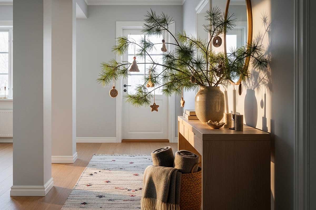 Ingresso invernale luminoso con consolle chiara, rami di pino e dettagli naturali su palette calda e accogliente.