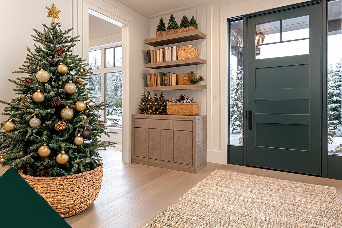 Albero di Natale decorato con palline oro accanto a una porta d’ingresso verde, atmosfera luminosa e accogliente.