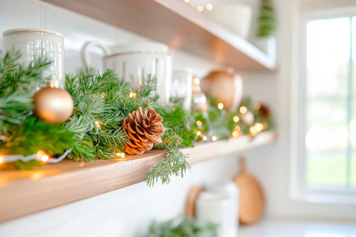 Mensola decorata per Natale con rami di pino, pigne, sfere oro e luci calde, tra tazze e ceramiche bianche, illuminata da luce naturale vicino a una finestra.