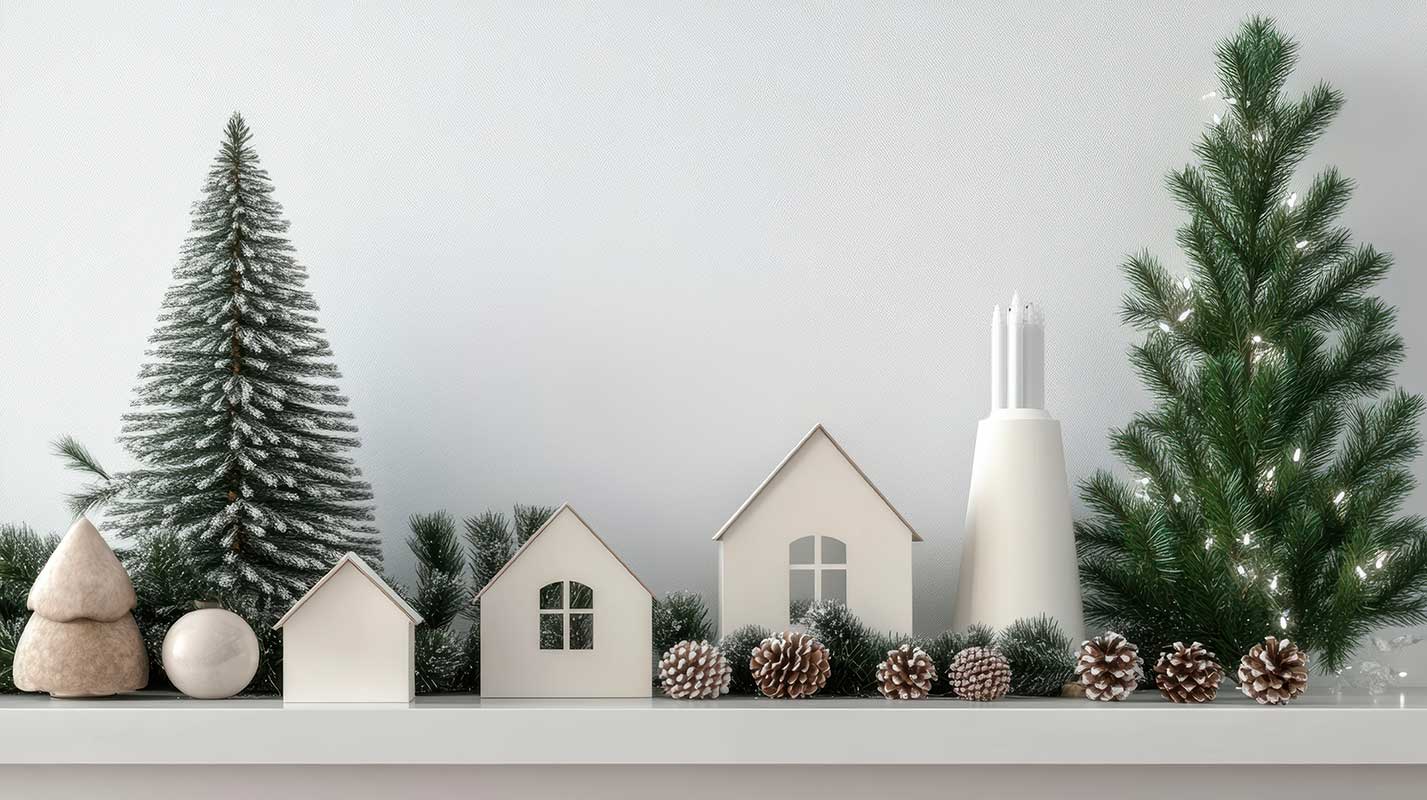 Mensola natalizia decorata con casette bianche, alberelli verdi, pigne innevate e ghirlanda di rami di pino, in stile minimal e naturale su sfondo chiaro.