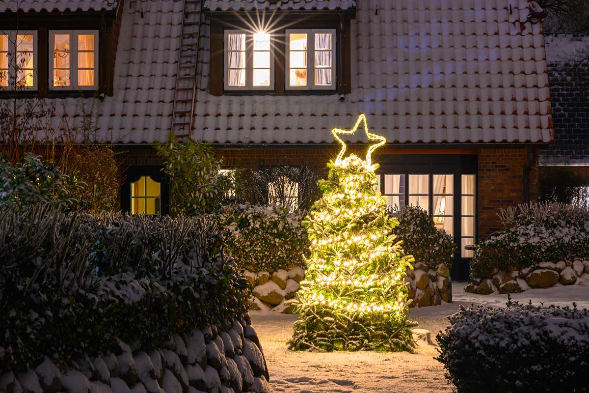 Albero di Natale all’aperto decorato con luci bianche calde e stella luminosa sulla cima, posizionato in un giardino innevato davanti a una casa dal tetto bianco. Atmosfera notturna, magica e invernale.