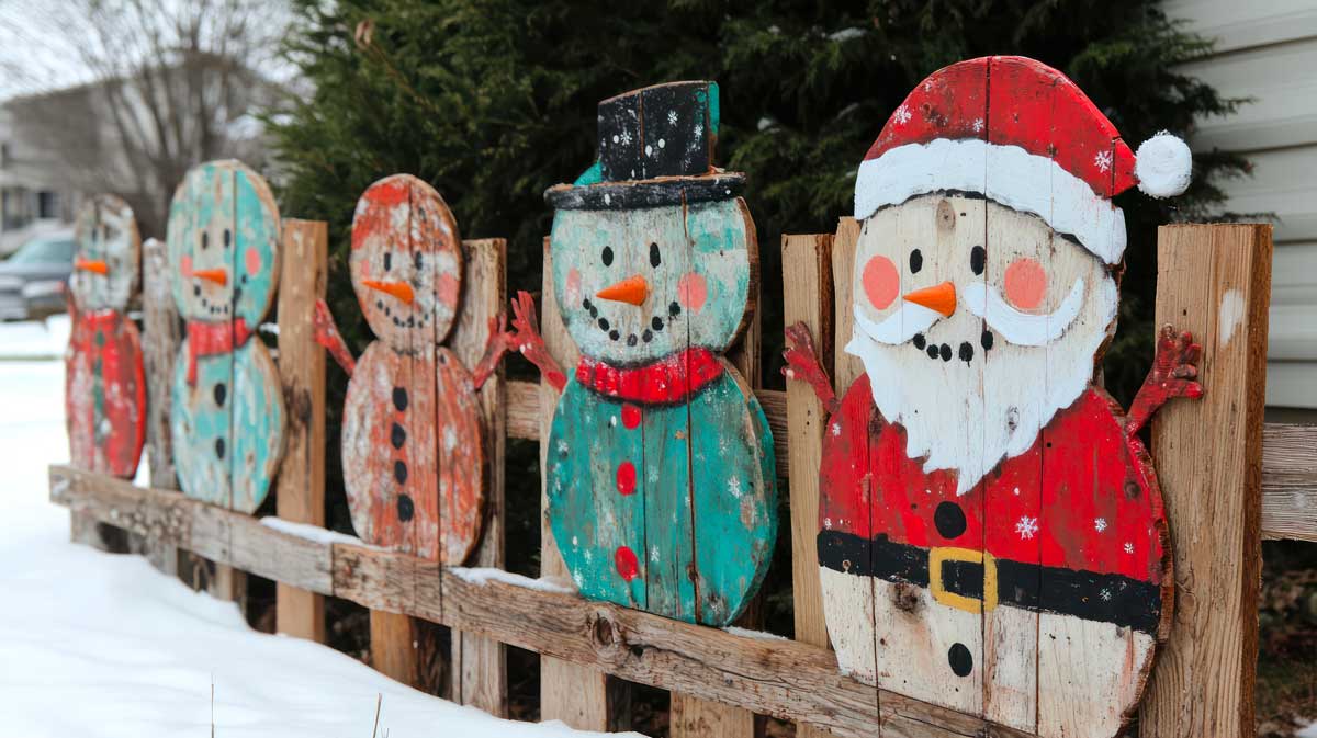 Figure di pupazzi di neve e Babbo Natale dipinte su pallet, usate come decorazione natalizia da esterno, immerse nella neve vicino a una recinzione rustica.