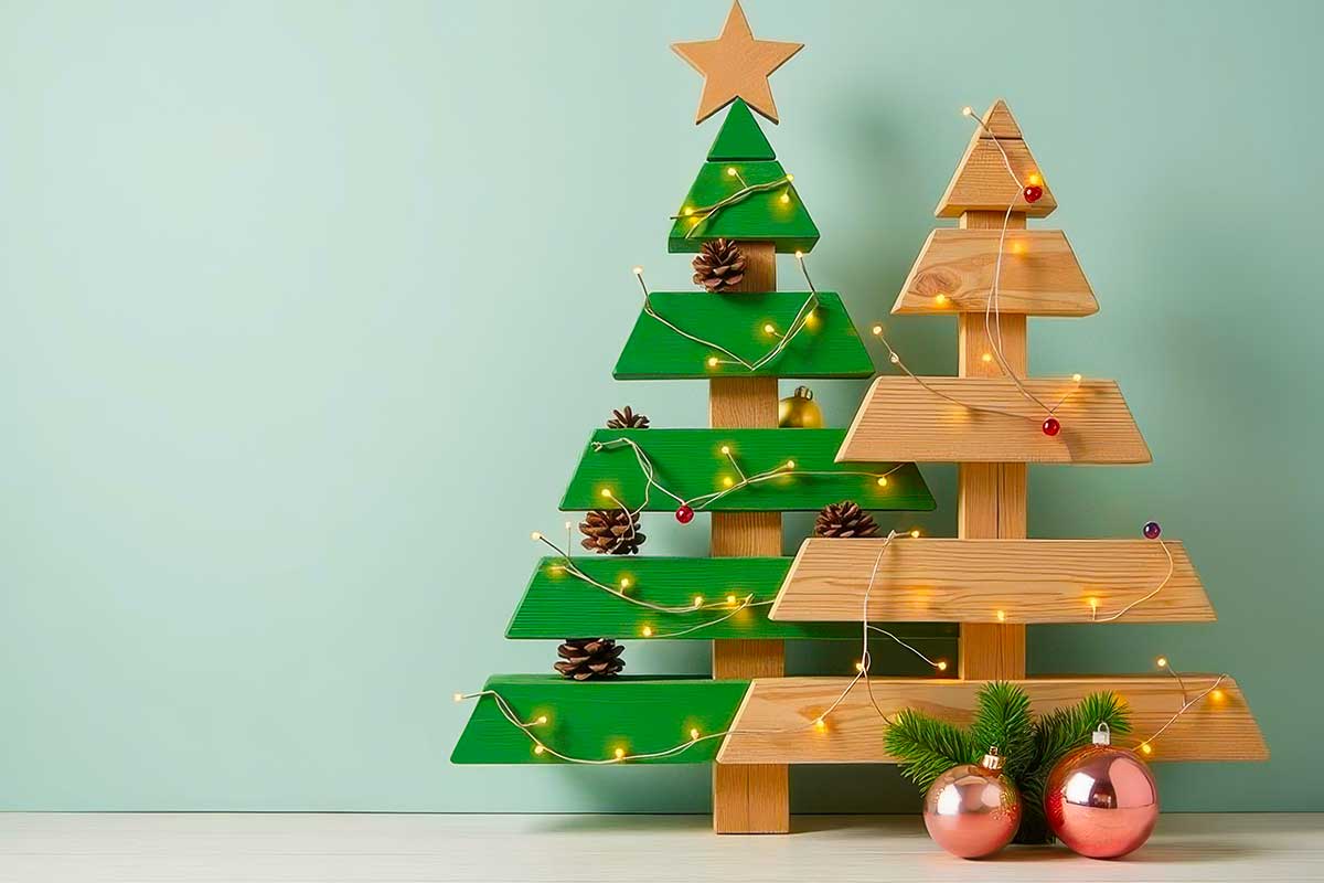 Due alberi di Natale creati con assi di pallet, uno dipinto di verde con stella dorata e pigne decorative, l’altro al naturale con lucine calde e palline, su uno sfondo neutro che esalta i dettagli rustici e artigianali.