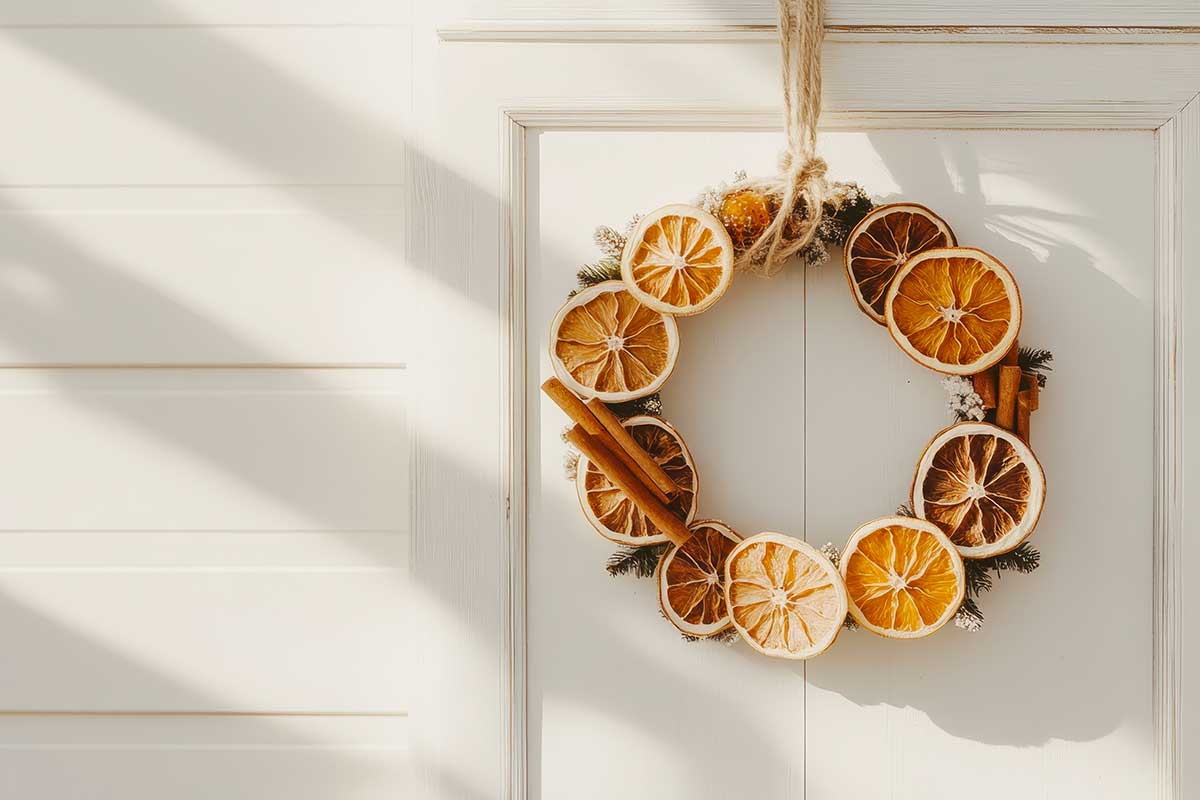 Corona naturale con fette d’arancia essiccata e cannella