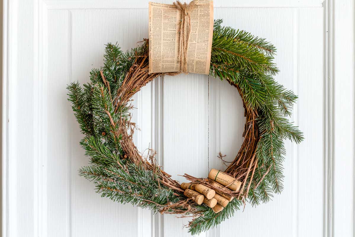 Corona minimal con rami di pino, tappi di sughero e carta riciclata