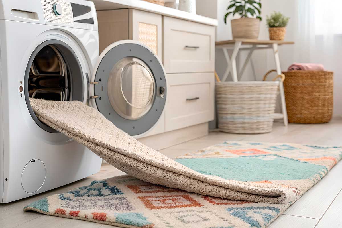 Tappeto colorato inserito in lavatrice in una luminosa lavanderia di casa.