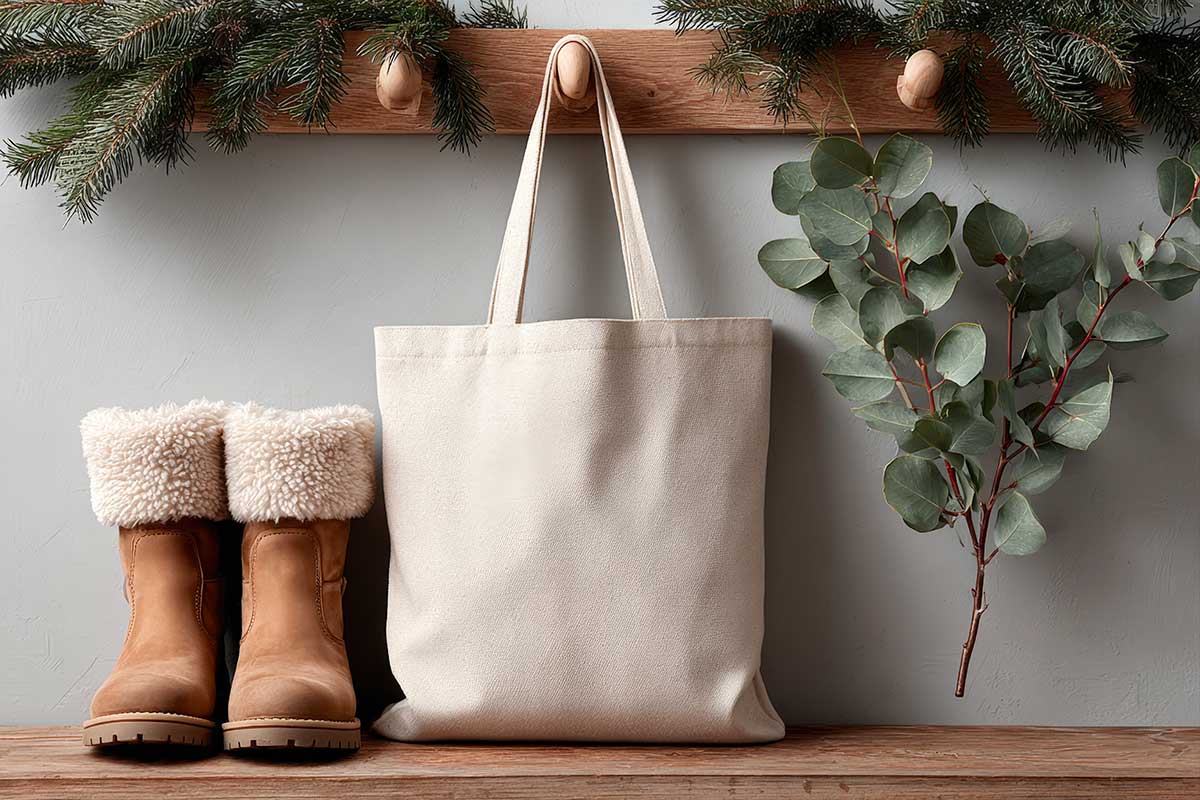Ingresso di casa decorato per l’inverno con rami di abete appesi, stivali in pelle foderati di lana, una borsa in tessuto naturale e un ramo di eucalipto poggiato su una panca in legno. Atmosfera ordinata, semplice e accogliente.
